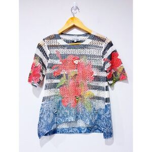 MARIE CLAIRE Sheer mesh floral stripe knit top bohemian | Small